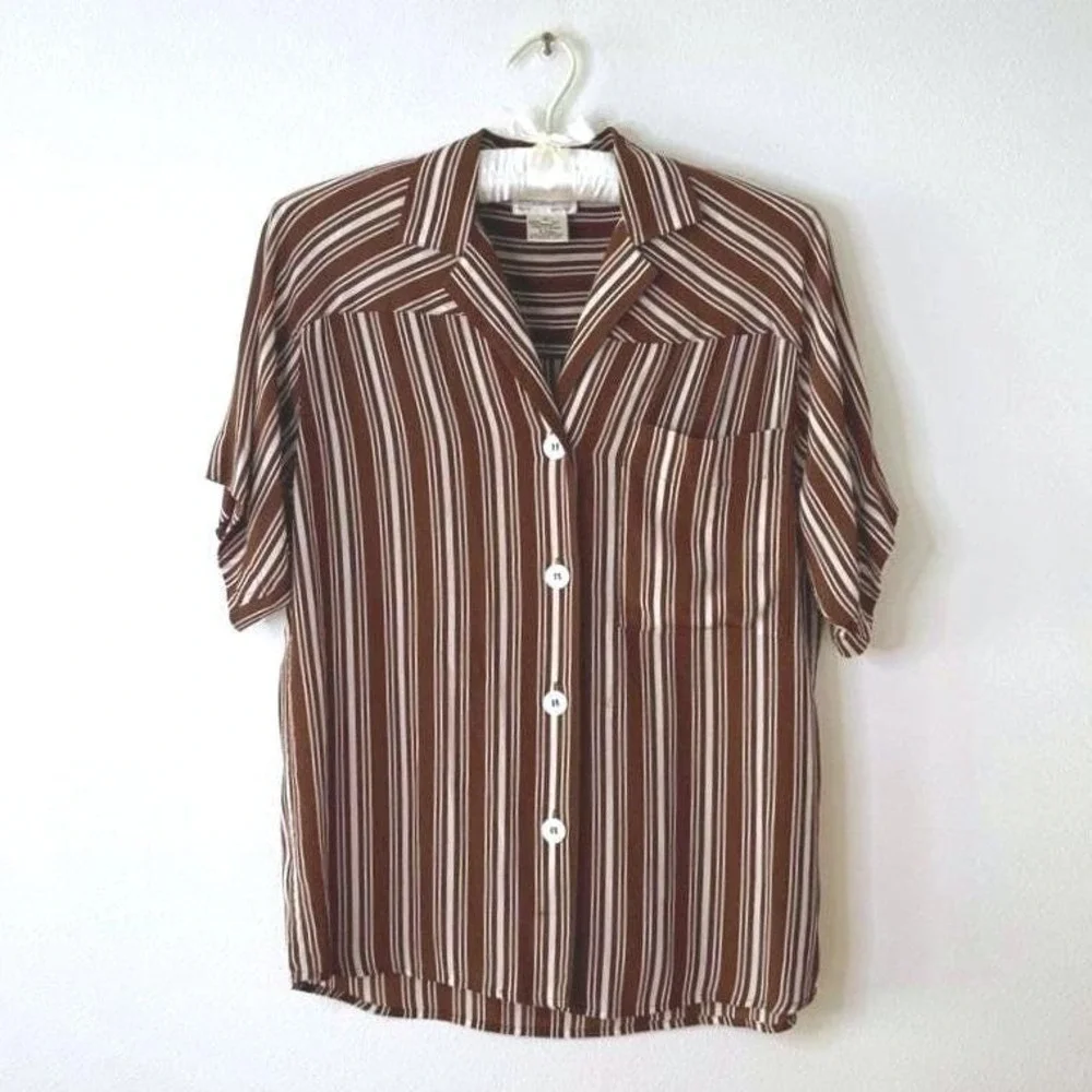 Vintage Christian Dior Brown/White Striped Blouse 90s Designer Womens Top - Picture 2 of 5